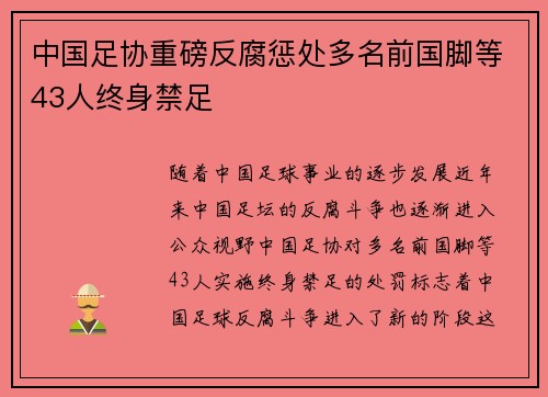 中国足协重磅反腐惩处多名前国脚等43人终身禁足 中国足协重磅反腐惩处多名前国脚等43人终身禁足
